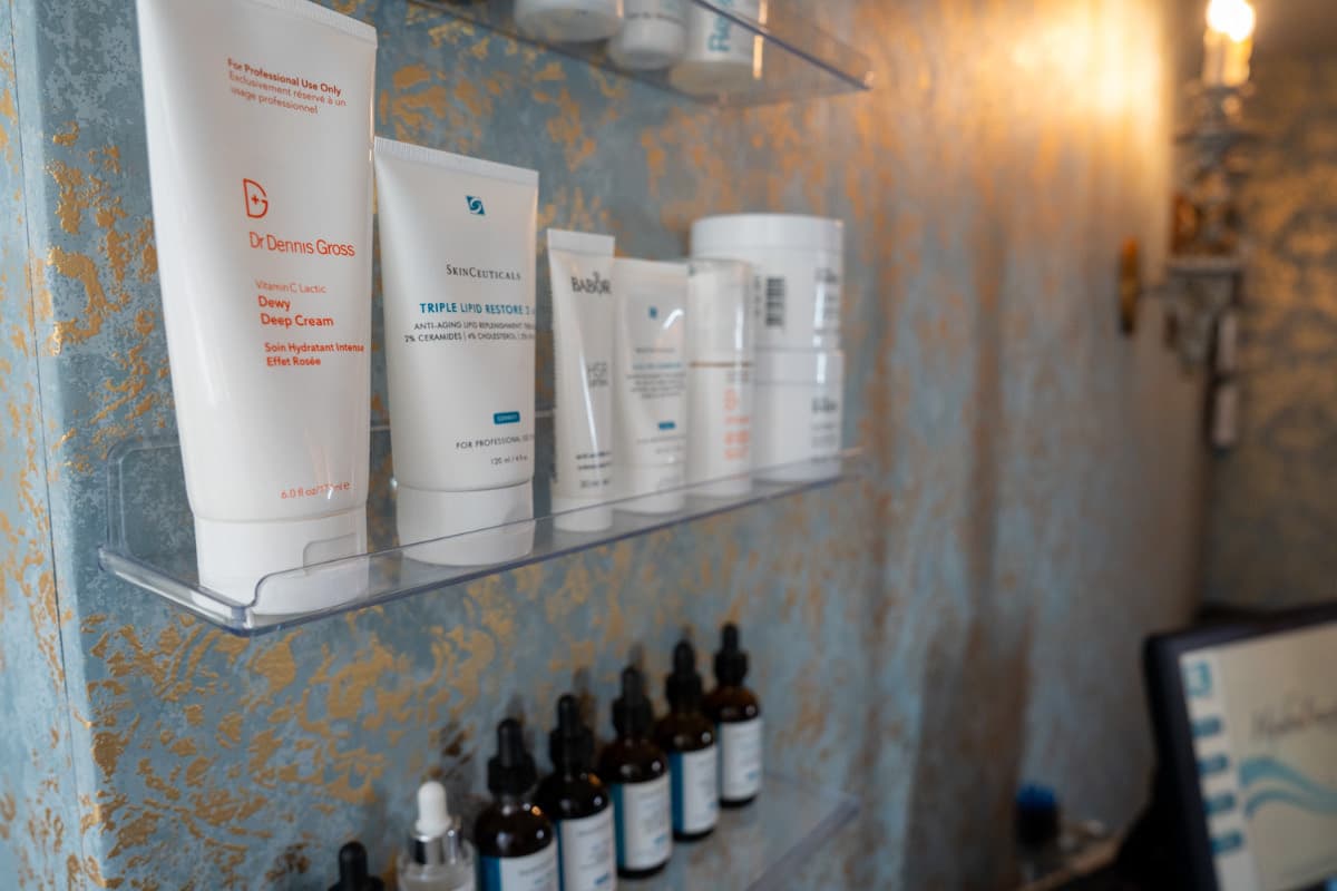 Medical-grade skincare products on display at LNO Boutique med spa in Centennial, CO